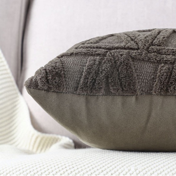 Luxury Home | Boho Chic Taupe Geo Short Wool Faux Fur Lumbar Throw Pillow Covers - Picture 5 of 6